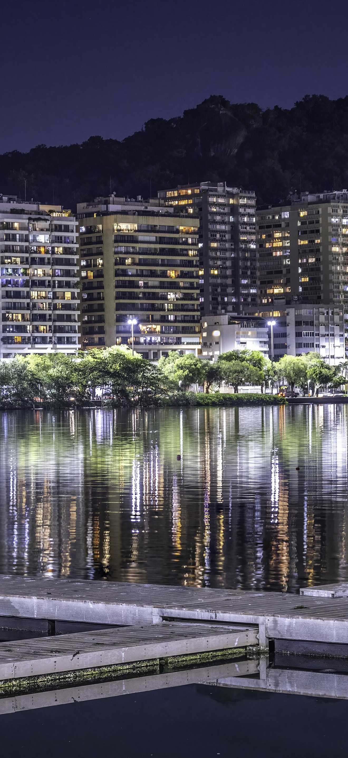 Botafogo waterfront skyline reflected at night, Rio de Janeiro, Brazil