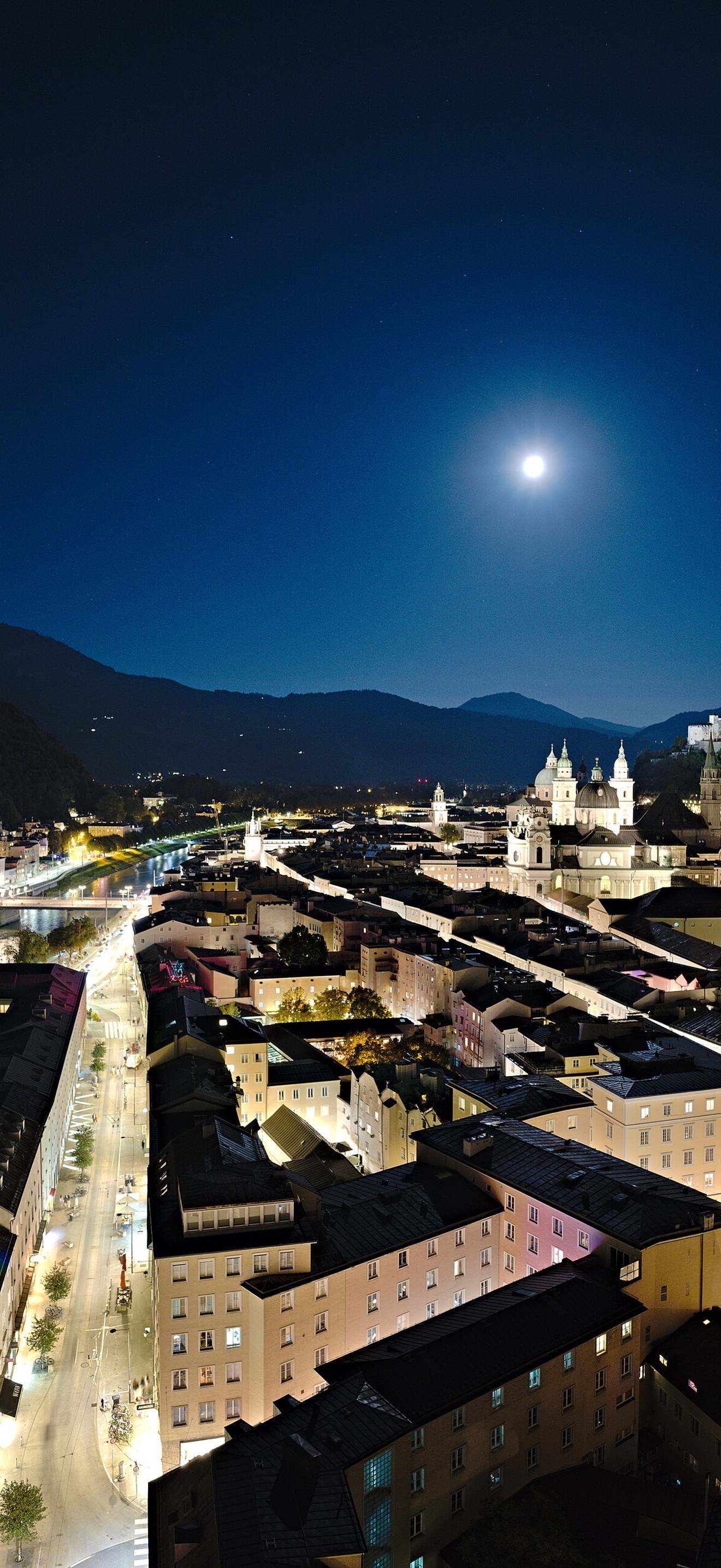 Historic center of Salzburg from Mönchsberg at night pixel-shift