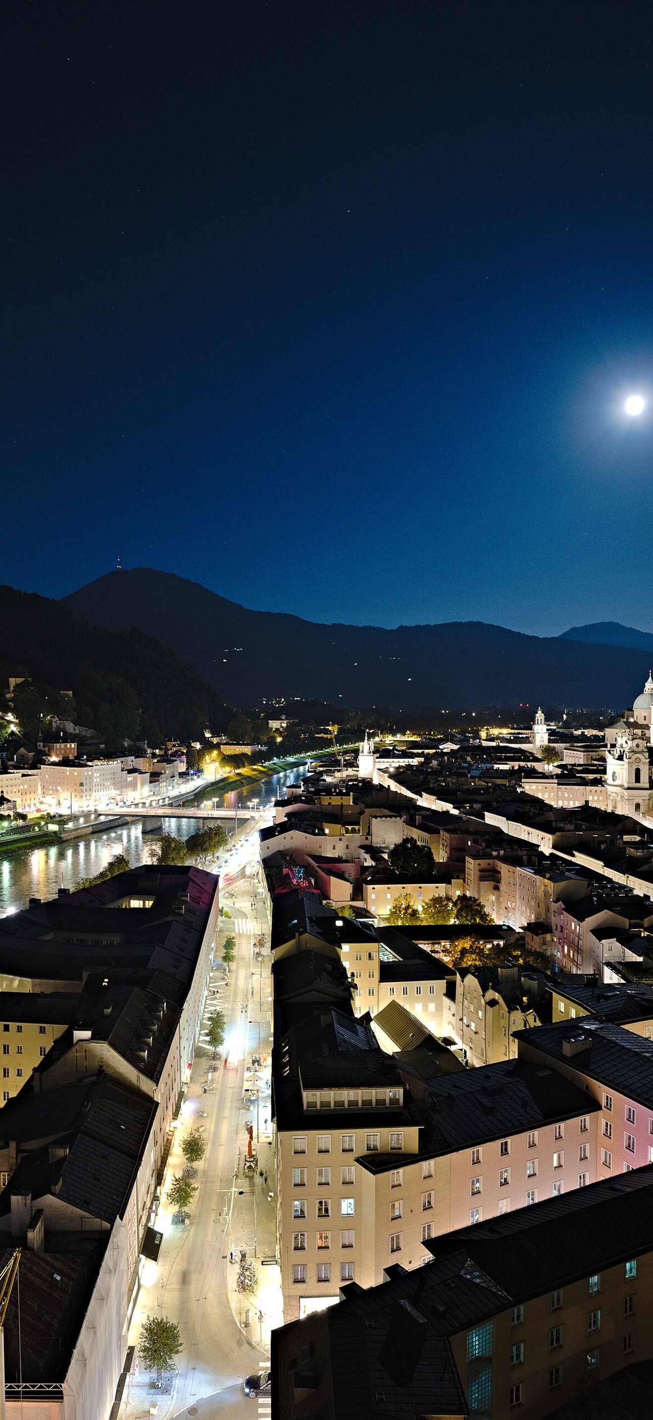 Historic center of Salzburg from Mönchsberg at night pixel-shift