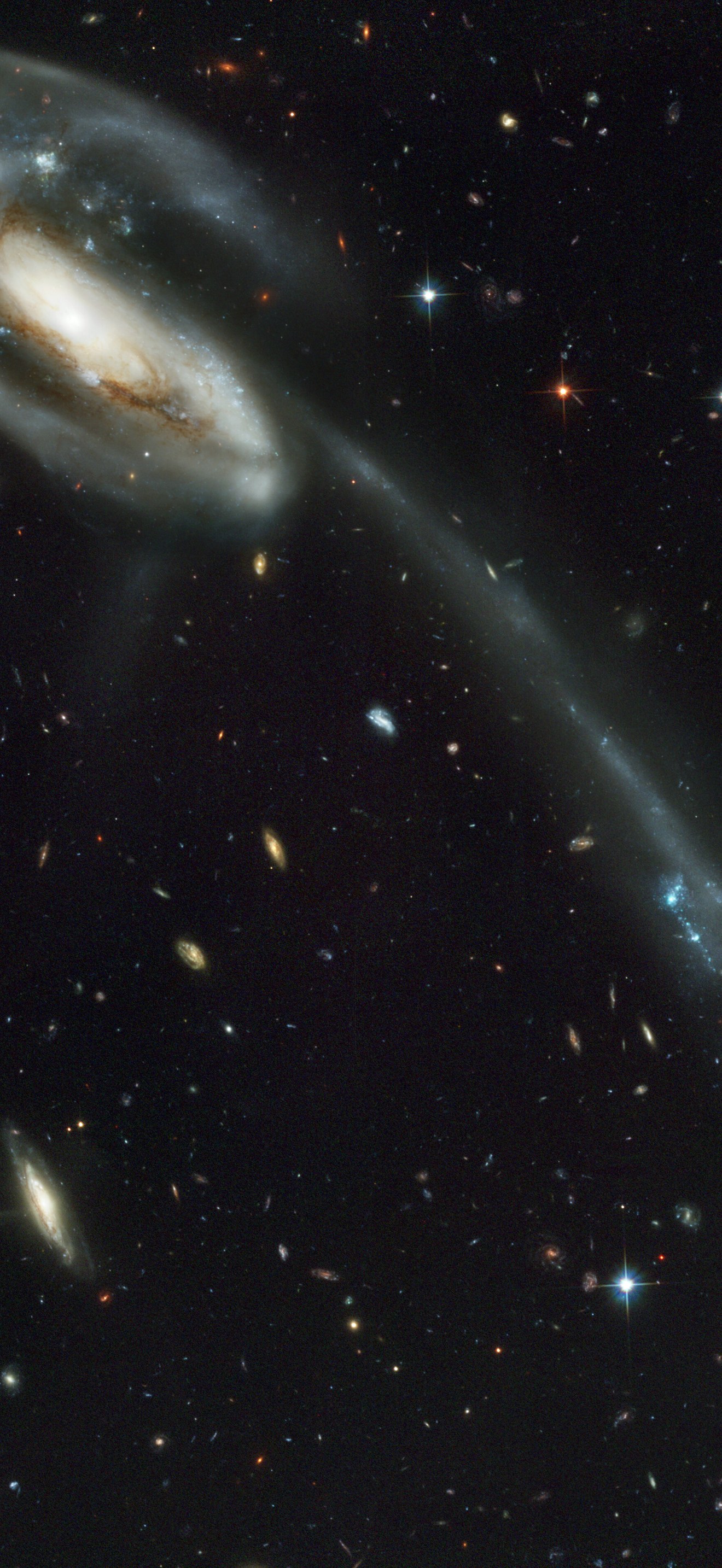 A 'wallpaper' of distant galaxies is a stunning backdrop for a runaway galaxy
