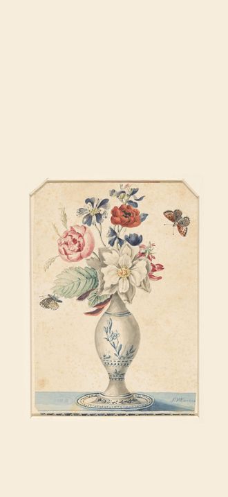 Vaasje met bloemen en een grijsgele vlinder, RP-T-1962-34