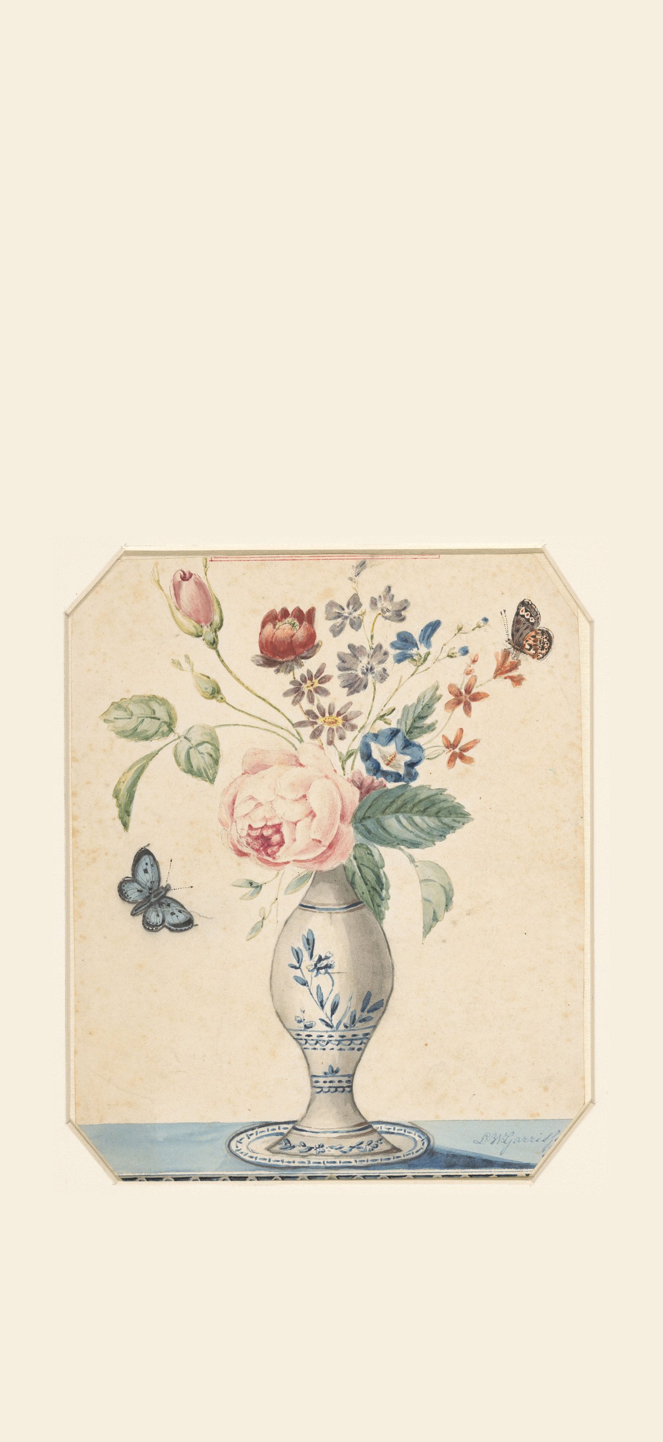 Vaasje met bloemen en een blauwe vlinder, RP-T-1962-33