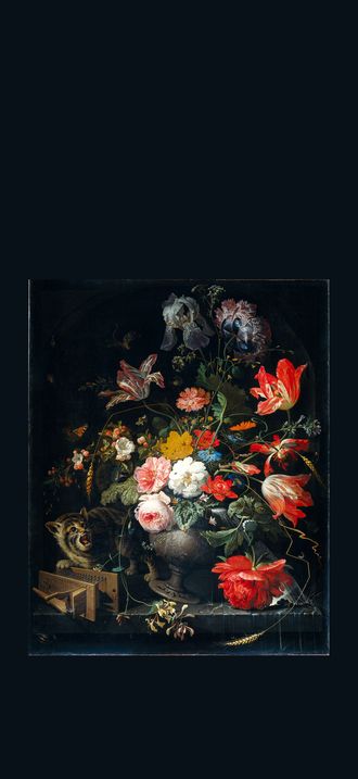 Abraham Mignon - Bouquet with cat and mousetrap
