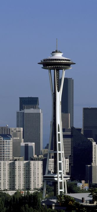 Skyline, dominated by the Space Needle, which appeared in the 1962 Seattle World's Fair, o
