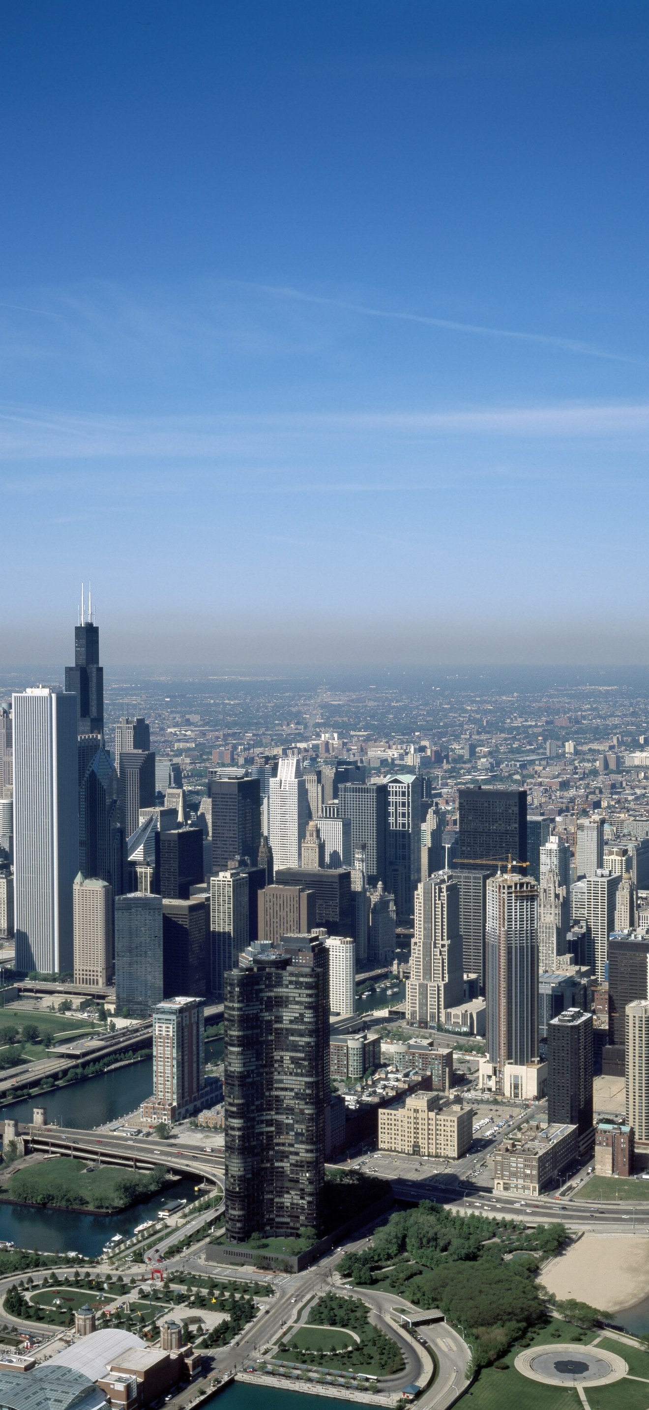 Aerial view of Chicago, Illinois. The black skyscraper is Willis Tower, previously known a