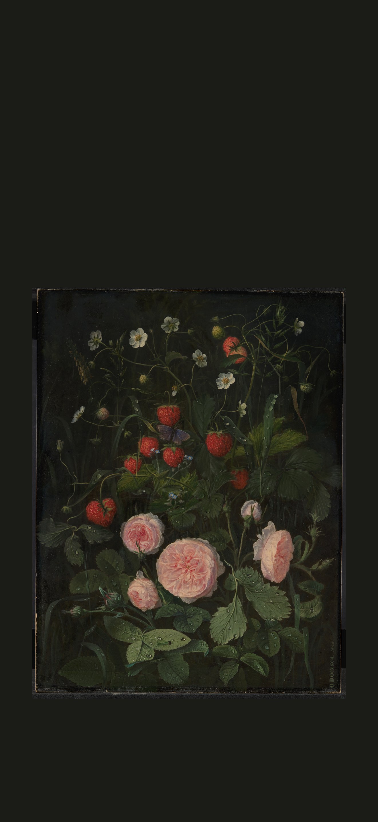 Blomsterstykke med roser og jordbær