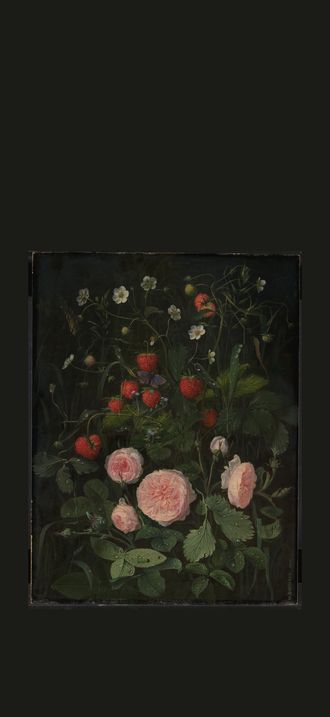 Blomsterstykke med roser og jordbær